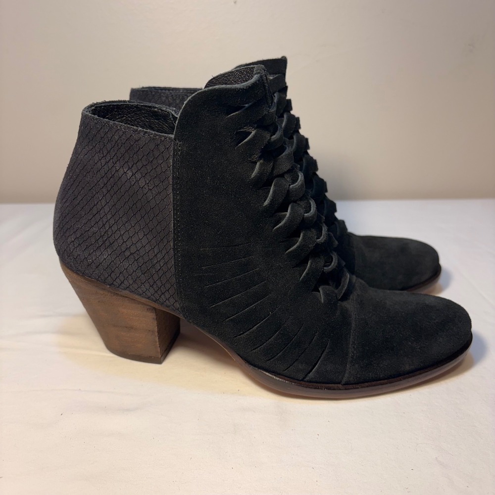 Free People LovelandBlack Suede Booties Snake Embossed Heel Cut outs‎ Women SZ 8